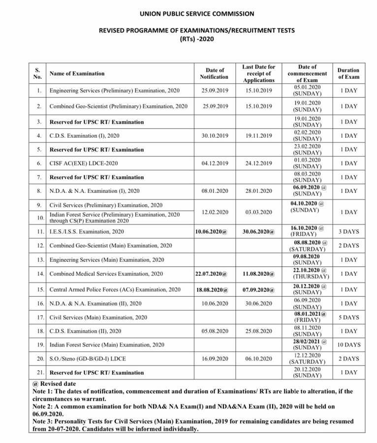 UPSC Exam Revised Dates 2020