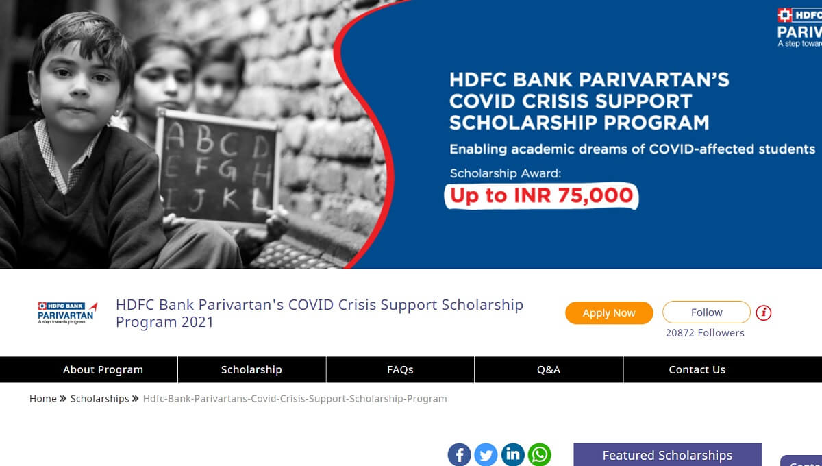 HDFC Bank Parivartan's COVID Crisis Support Scholarship (2020-2021)